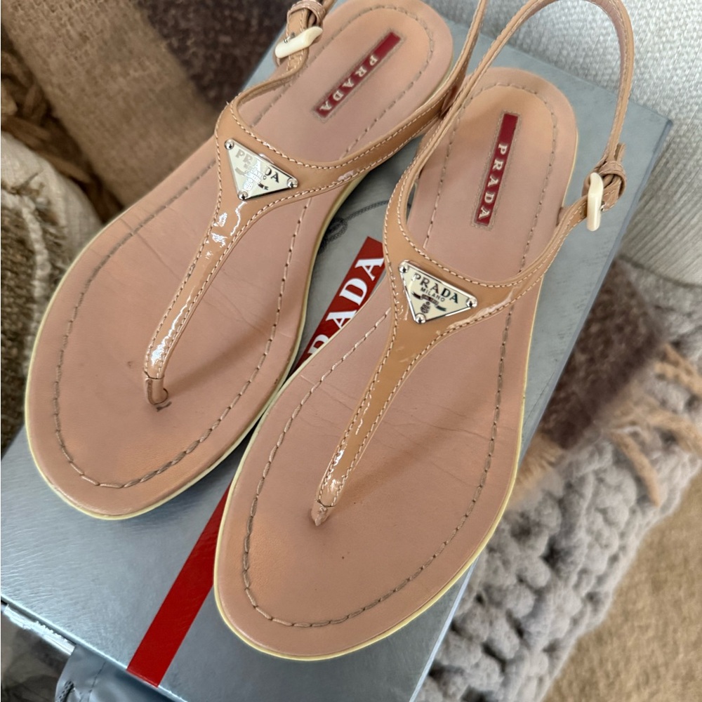 Prada Women's Tan Patent Leather Thong Sandals